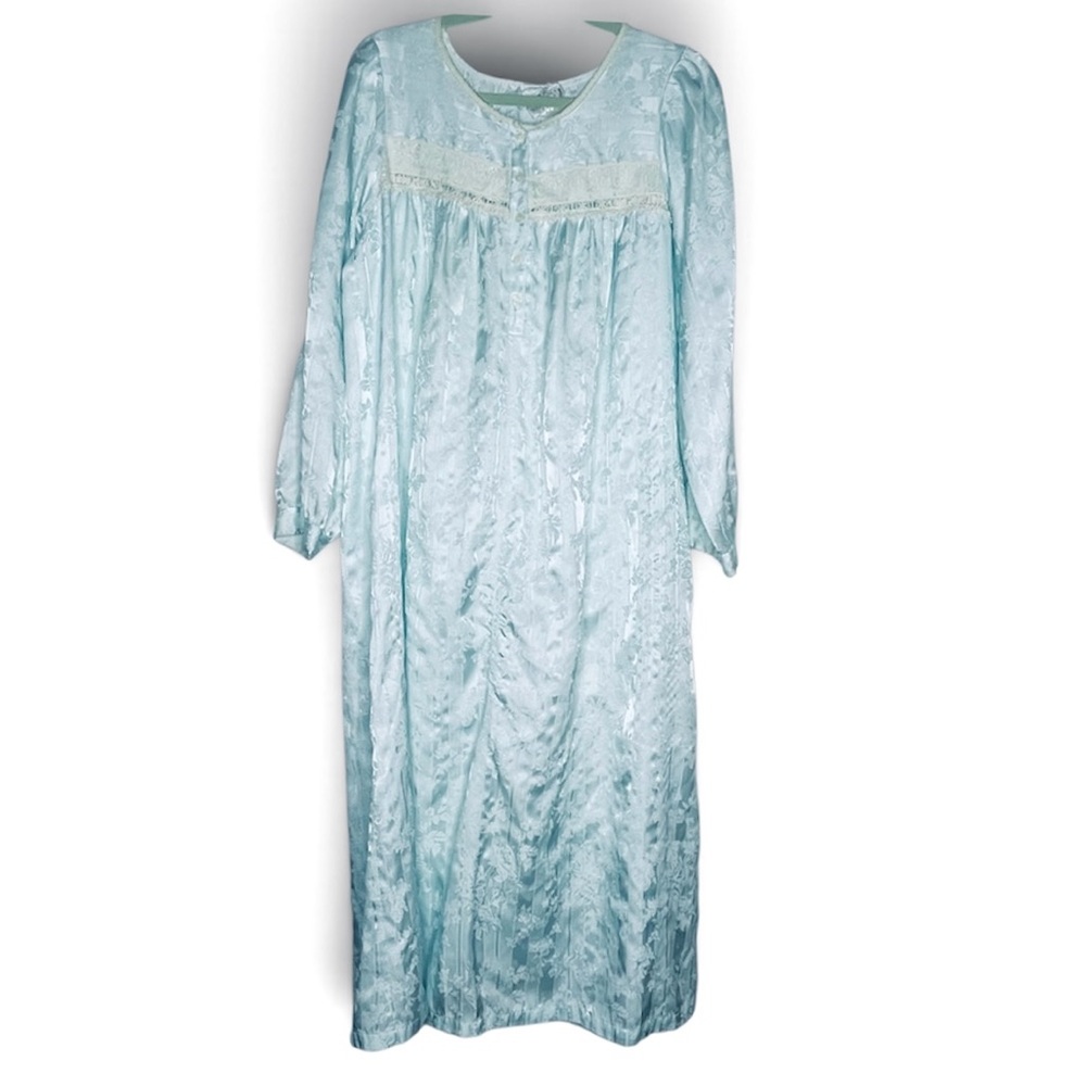 Vintage blue green jacquard satin nightgown long sleeves white lace yoke trim